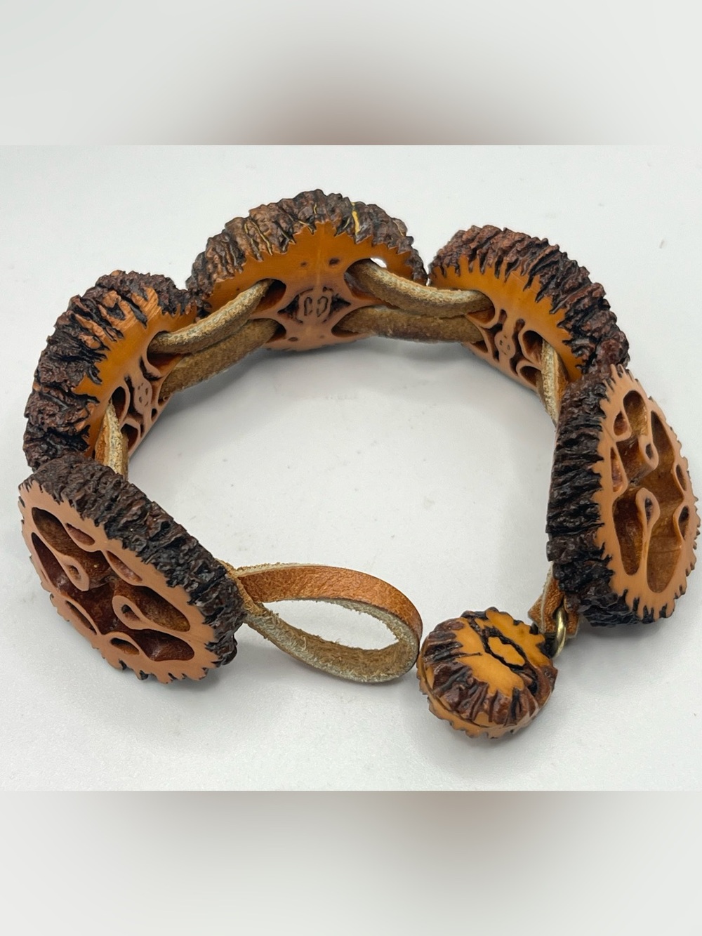 Artisan Carved Black Walnut & Leather Bracelet - Picture 7 of 11
